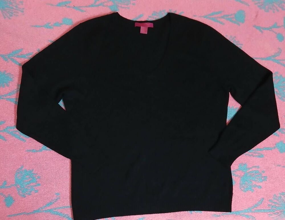 Womens xlarge Cache 100% cashmere 2ply black lightweight Vneck